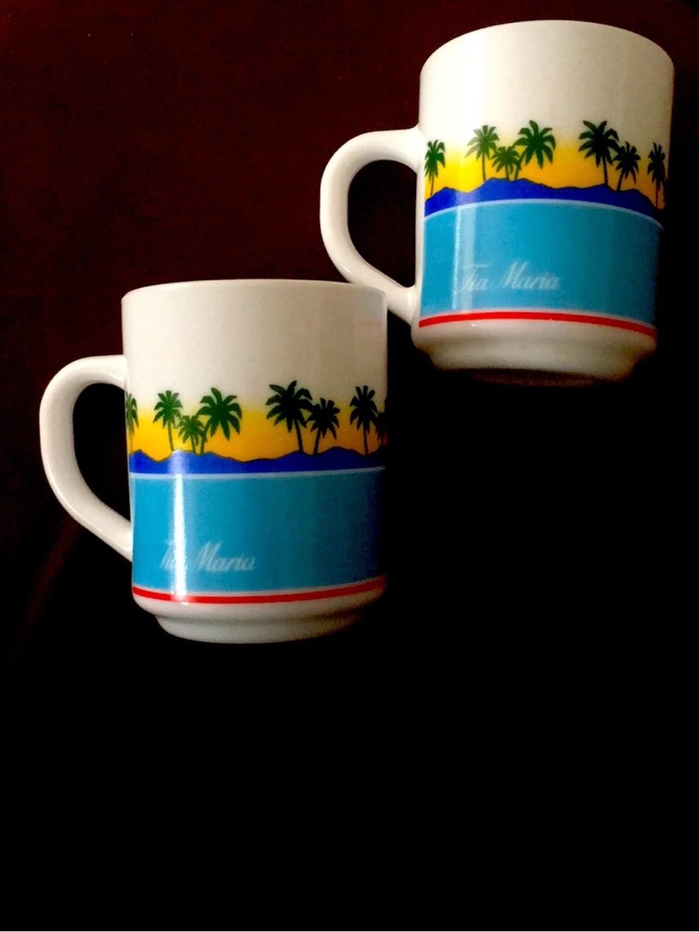 Vintage 70s Arcopal France Tia Maria Milk Glass Tropical Palm Mugs Set of 2